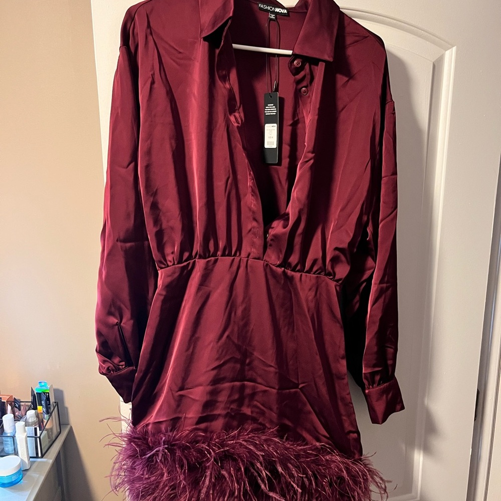Fashion Nova Deep Red Satin fur mini dress
